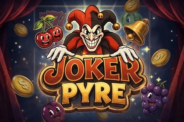 Kolorowe logo gry kasynowej z napisem „JOKER PYRE”, złowrogim jokerem i owocami.