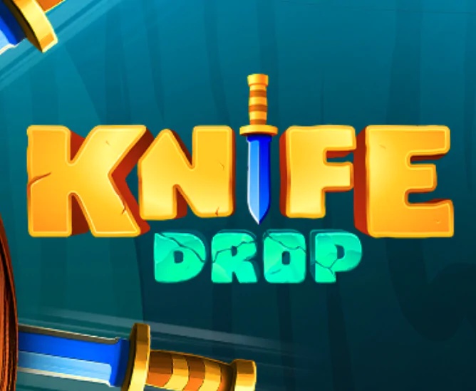 Kolorowe logo gry „KNIFE DROP” z nożem wkomponowanym w napis, na niebieskim tle.