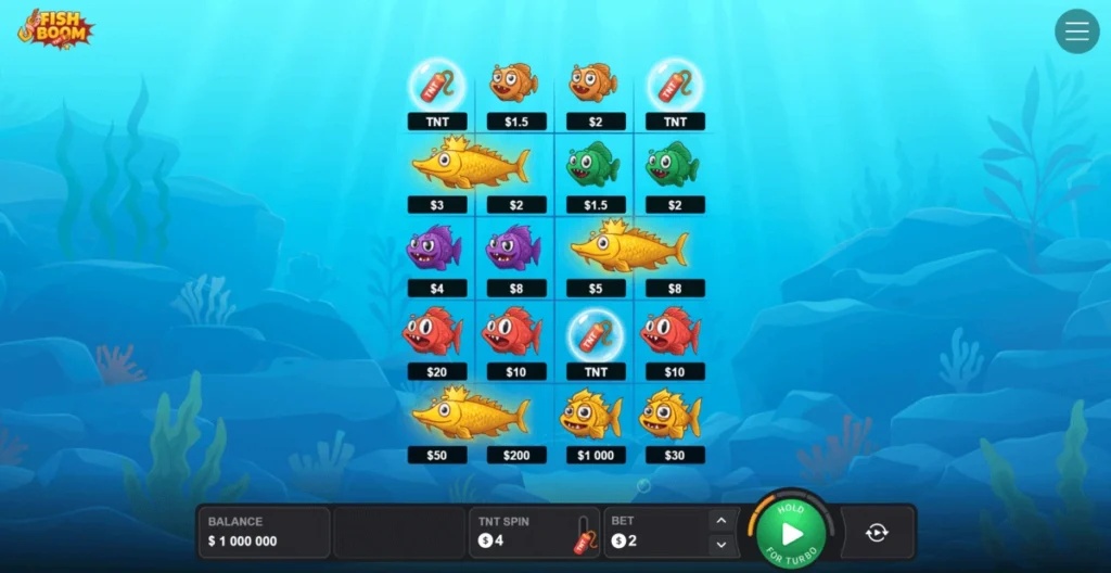 Zrzut ekranu z gry slotowej „Fish Boom” z motywem podwodnym, kolorowymi rybami i symbolami TNT.