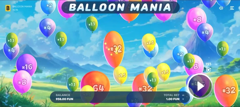 Zrzut ekranu z gry internetowej „Balloon Mania” z kolorowymi balonami i mnożnikami wygranych.