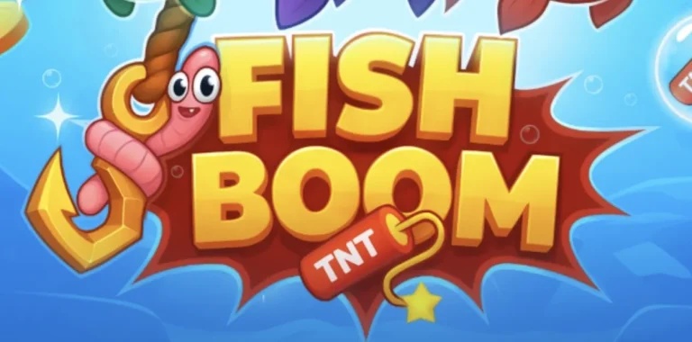 Kolorowe logo gry z żółtym napisem „FISH BOOM”, dżdżownicą na haczyku i laską dynamitu TNT.