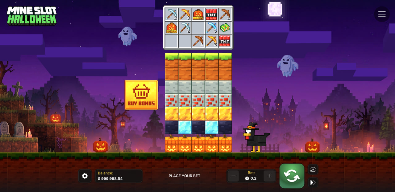 Mine Slot Halloween – kolumny bloków z dyniami, pasek kilofów i przycisk Buy Bonus