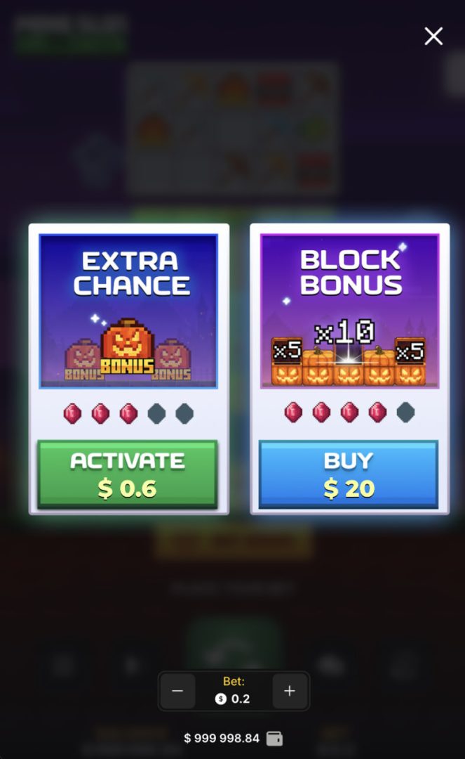 Pionowy widok mobilny Mine Slot Halloween z opcjami Extra Chance i Block Bonus
