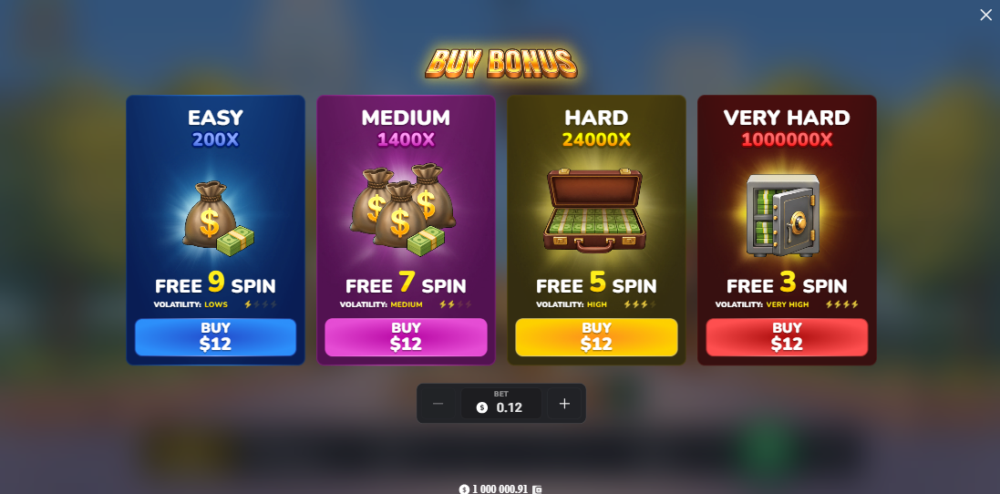 Menu zakupu darmowych spinów w MegaBlock Empire z czterema progami trudności