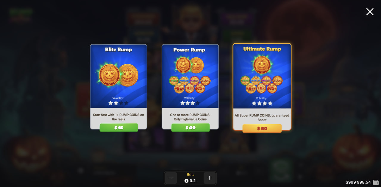 Karty Blitz Rump, Power Rump i Ultimate Rump w oknie Buy Bonus na komputerze