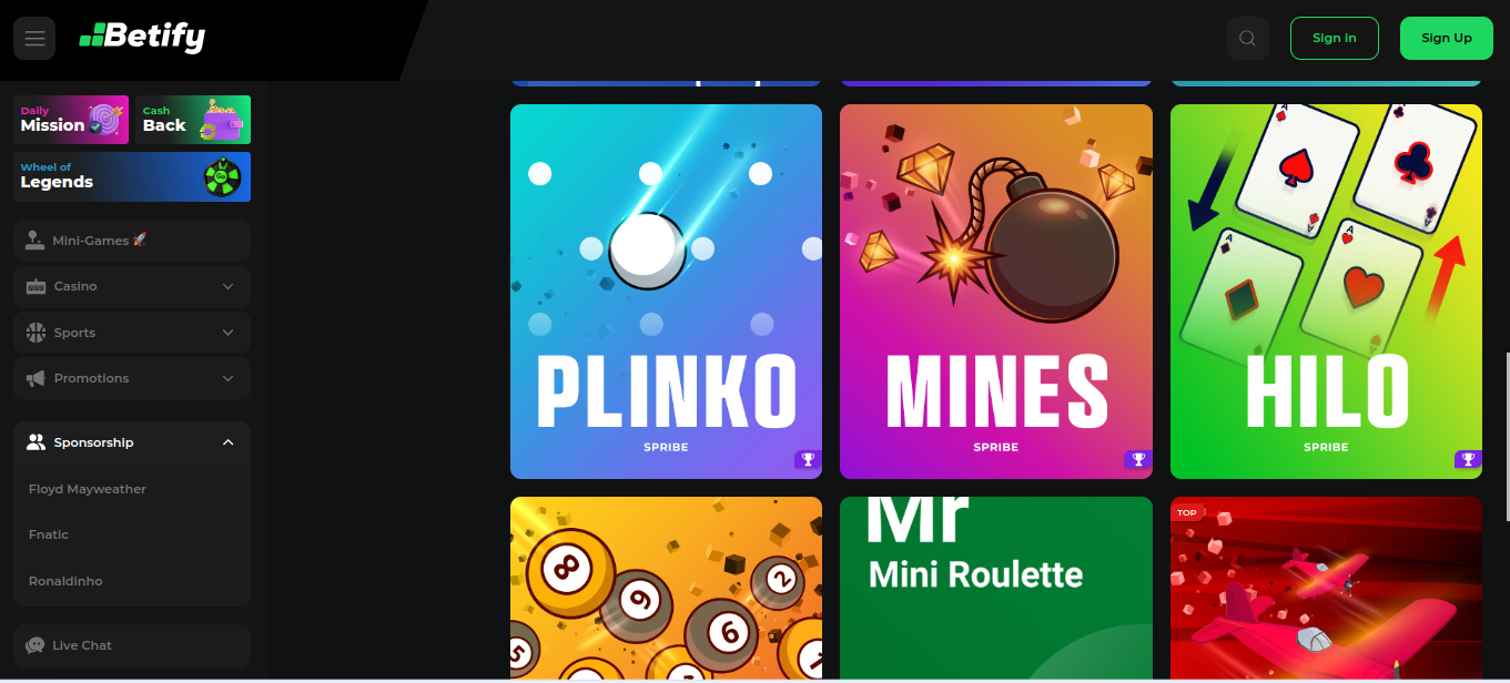 Minigry Plinko, Mines i Hilo w lobby Betify