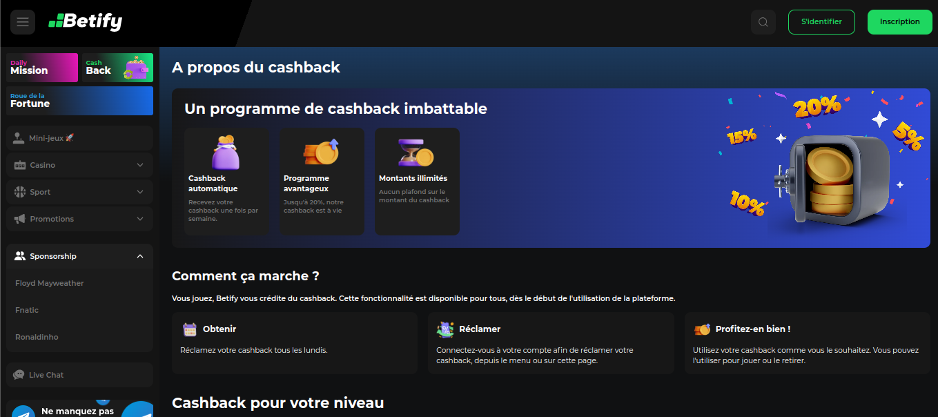Strona programu cotygodniowego cashbacku Betify