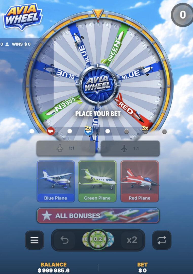 Avia Wheel aplikacja za darmo bonus gra – pionowy widok telefonu z żetonami, przyciskami x2 i Repeat oraz kartami samolotów