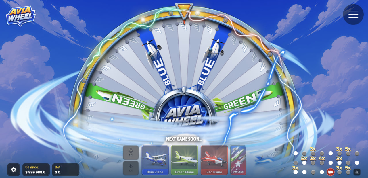 Avia Wheel opinia demo gra kasyno – ekran komputera z kołem, kartami trzech samolotów bonusowych i historią mnożników w rogu