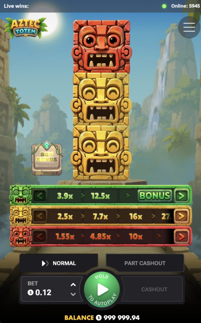 Aztec Totem w pionowej wersji mobilnej z totemem i przyciskami wypłaty