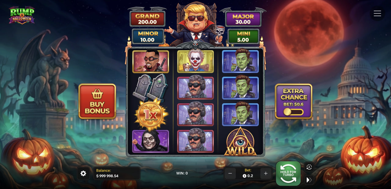 Rump & Halloween – siatka 3×4 z jackpotami Mini, Minor, Major, Grand oraz przyciskami Buy Bonus i Extra Chance