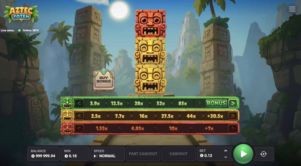 Aztec Totem na komputerze – totem i trzy kolorowe ścieżki mnożników